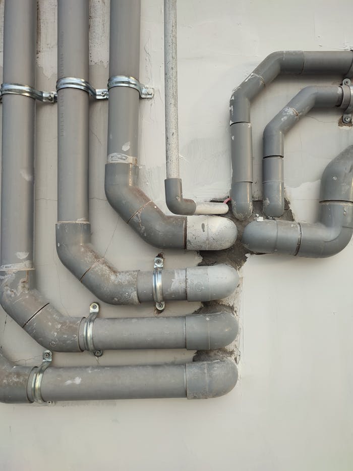pexels photo 12142829 Close-up of interconnected gray metal pipes on an outdoor wall showcasing industrial design.