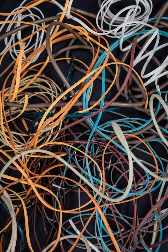 creative-03 Close-up of colorful tangled wires creating an abstract pattern.